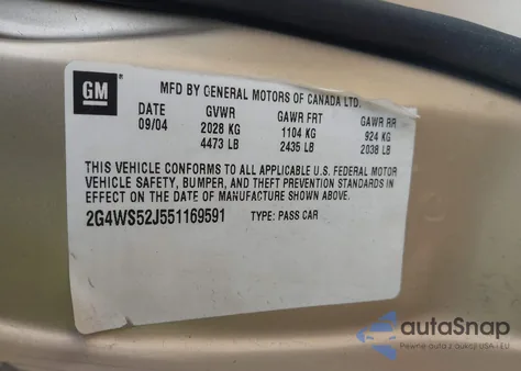 2005 Buick Century from USA, damaged, VIN 2G4WS52J551169591